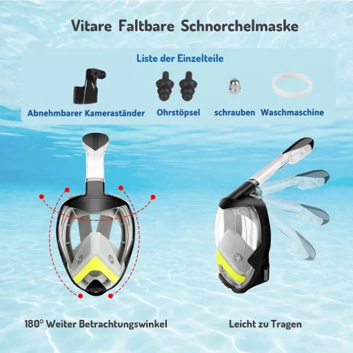 Vitare teljes arcú snorkel maszk 180° látómezővel, felnőtteknek és gyerekeknek, kamera klippel