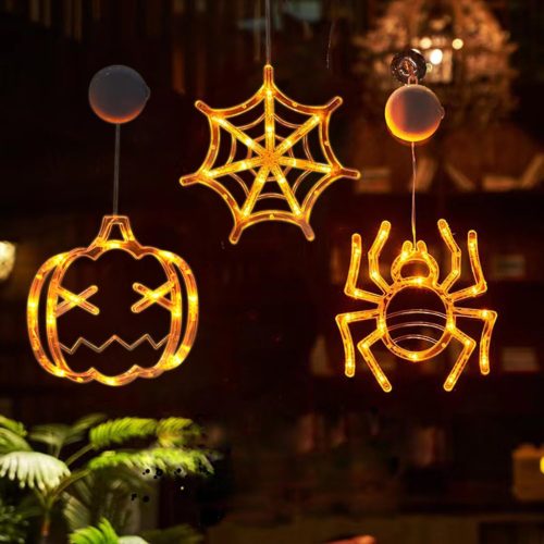 Yeeteesy Halloween Dekorációs Ablakfény - Tökök és Pókok Mintájú Meleg Fehér LED Világítás Beltérre és Kültérre, Elemes Működés, Bambusz Üve
