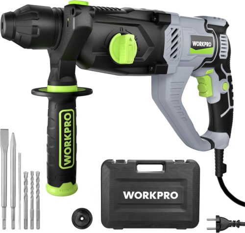 WORKPRO SDS-Plus 1050W Fúrókalapács 3 Joule, Állítható Sebesség, 360° Forgatható Fogantyú, Betonhoz 26mm, Tartozékokkal és Hordtáskával
