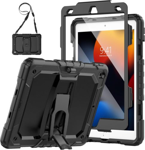 Husă antișoc SEYMAC pentru iPad 10.2" generația a 9-a/a 8-a/a 7-a, cu suport și suport pentru creion, neagră.