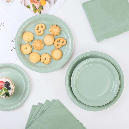 POPOYU 16 db Szalvia Zöld Papírtányér 23 cm Kerek Eldobható Tányér Parti Dekoráció