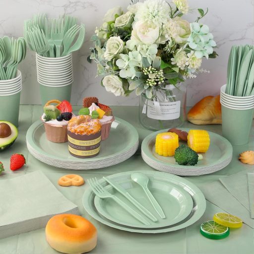 POPOYU 16 buc. Farfurii de Hârtie Verde Salvie 23 cm Rotunde, de Unică Folosință, Decorațiuni pentru Petreceri