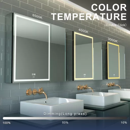 GANPE LED Fürdőszobai Tükrös Szekrény - Páramentesítő, Fokozatmentes Fényerő, 3 Színmód, Tárolópolcok, USB Csatlakozók, 2 Ajtós, 75x70 cm