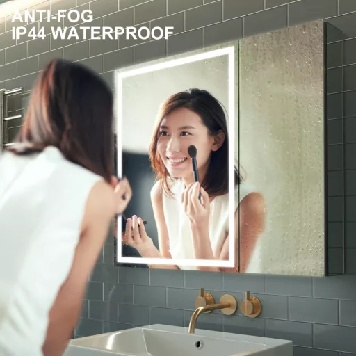 GANPE LED Fürdőszobai Tükrös Szekrény - Páramentesítő, Fokozatmentes Fényerő, 3 Színmód, Tárolópolcok, USB Csatlakozók, 2 Ajtós, 75x70 cm