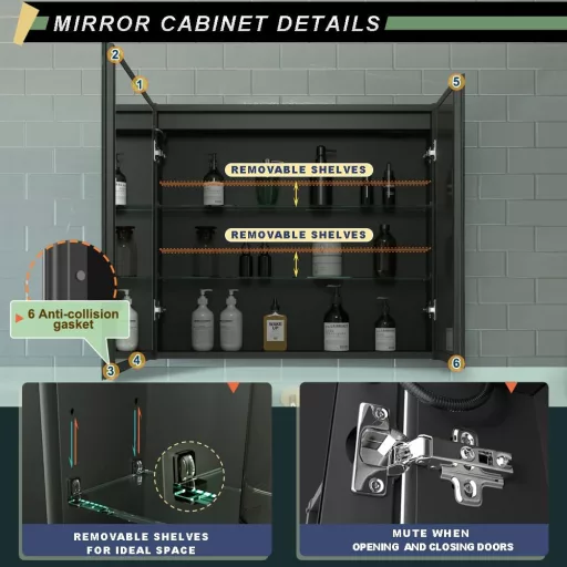 Dulap de baie cu oglindă și iluminare LED GANPE - Anti-aburire, Reglare intensitate, 3 Moduri de culoare, Rafturi de depozitare, Prize și USB (50x70 cm)