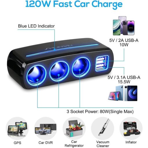 Linkstyle 120W auto adapter za upaljač s 3 utičnice, 2 USB porta i LED svjetlom