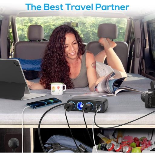 Linkstyle 120W auto adapter za upaljač s 3 utičnice, 2 USB porta i LED svjetlom