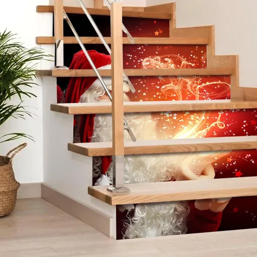 Cooltto 3D Mikulás Lépcsőmatrica Szett - 6db Öntapadós PVC Dekoráció Lépcsőre, Vízálló, Eltávolítható, Karácsonyi Díszítés, 18x100 cm