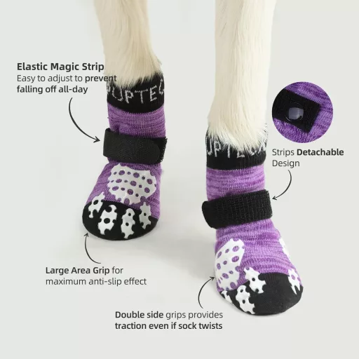 PUPTECK 2 perechi șosete antiderapante pentru câini, cu două fețe și scai, protecție pentru lăbuțe în interior și aderență