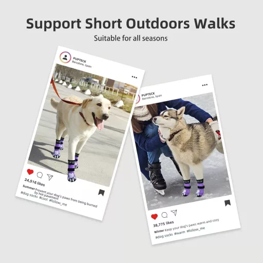 PUPTECK 2 perechi șosete antiderapante pentru câini, cu două fețe și scai, protecție pentru lăbuțe în interior și aderență