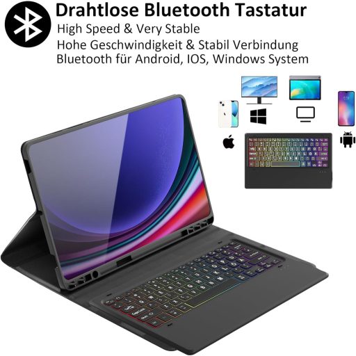Qoosea QWERTZ Tipkovnica s pozadinskim osvjetljenjem i futrola za Samsung Tab S9 FE+/S9+ 12.4" Tablet - Odvojiva Bluetooth tipkovnica, TPU zaštitna futrola, 3 Á