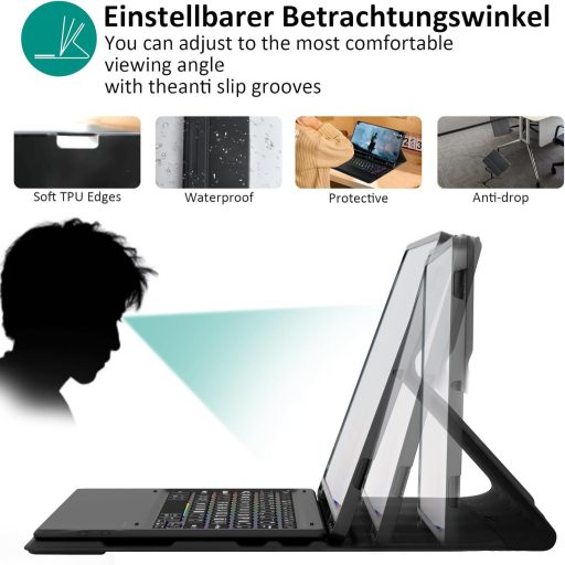 Husă cu tastatură QWERTZ iluminată Qoosea pentru tabletă Samsung Tab S9 FE+/S9+ 12.4" - Tastatură Bluetooth detașabilă, husă de protecție TPU, 3 A