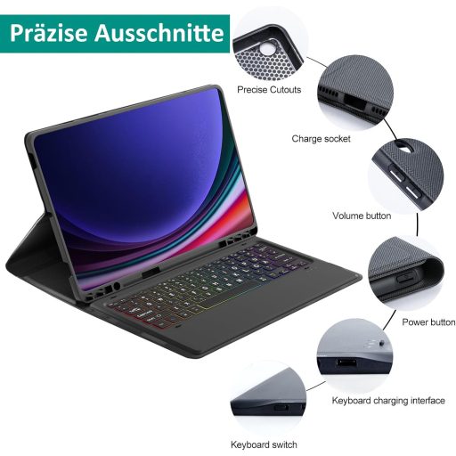 Husă cu tastatură QWERTZ iluminată Qoosea pentru tabletă Samsung Tab S9 FE+/S9+ 12.4" - Tastatură Bluetooth detașabilă, husă de protecție TPU, 3 A