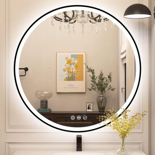 Oglindă rotundă de baie STARLEAD, 80 cm, cu iluminare LED, difuzor Bluetooth, reglabilă, 3 temperaturi de culoare, anti-ceață, neagră