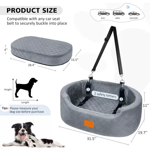 Feporen Autós Kutyaülés Nagy Kutyáknak Mosható Párnával és Biztonsági Övvel