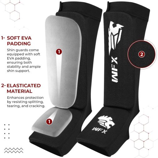 Protecții tibiale WFX pentru kickbox și antrenamente MMA - Protecții gleznă negre pentru sporturi de contact Muay Thai, Karate, Taekwondo - Mărimea S, elastice, cu burete