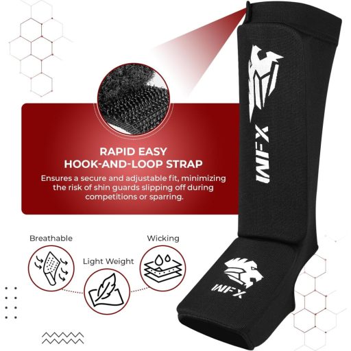 Protecții tibiale WFX pentru kickbox și antrenamente MMA - Protecții gleznă negre pentru sporturi de contact Muay Thai, Karate, Taekwondo - Mărimea S, elastice, cu burete