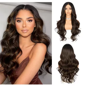   Sapphirewigs Perucă Șaten Închis Balayage - 13x4 Dantelă Frontală, 66 cm Lungime Ondulat Păr Sintetic, Aspect Natural, Pentru Purtare Zilnică