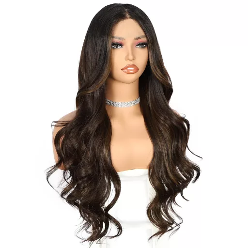Sapphirewigs Sötétbarna Balayage Paróka - 13x4 Csipke Előrész, 66 cm Hosszú Hullámos Szintetikus Haj, Természetes Hatású, Napi Viseletre - dark brown