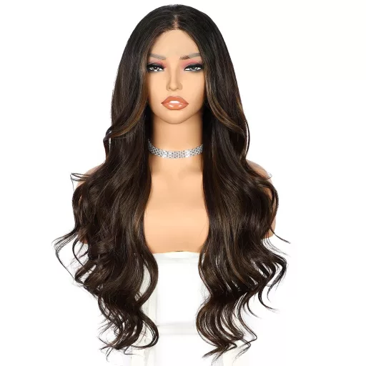 Sapphirewigs Perucă Șaten Închis Balayage - 13x4 Dantelă Frontală, 66 cm Lungime Ondulat Păr Sintetic, Aspect Natural, Pentru Purtare Zilnică