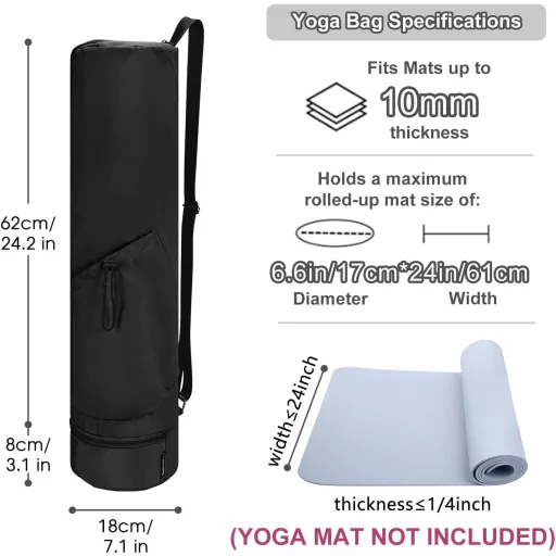 sportsnew Geantă de Yoga cu Compartiment Umed și Suport pentru Sticlă - Suport pentru Saltea de Yoga cu Fermoar, Curea de Umăr Ajustabilă, Geantă de Gimnastică Poliester Negru