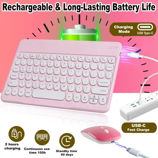 SRAYG Bluetooth Wireless Billentyűzet Egér Szett Ultra Vékony Pink