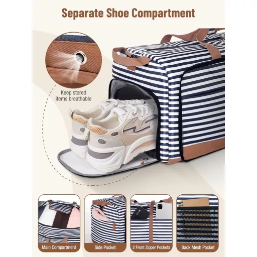 Lekesky sklopiva putna torba - Plava prugasta vodootporna sportska torba s pretincem za obuću, unisex vikend torba, kapaciteta 80L.