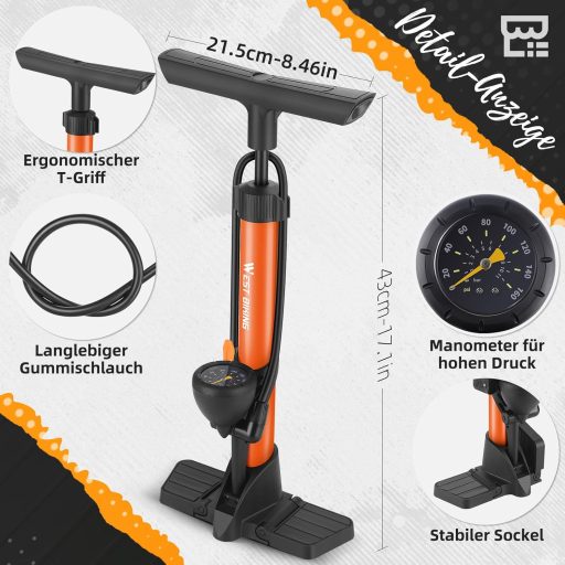 Pompă de bicicletă WESTGIRL cu manometru, 11 bar, pentru toate tipurile de valve, pompă de podea