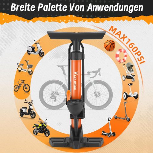 Pompă de bicicletă WESTGIRL cu manometru, 11 bar, pentru toate tipurile de valve, pompă de podea