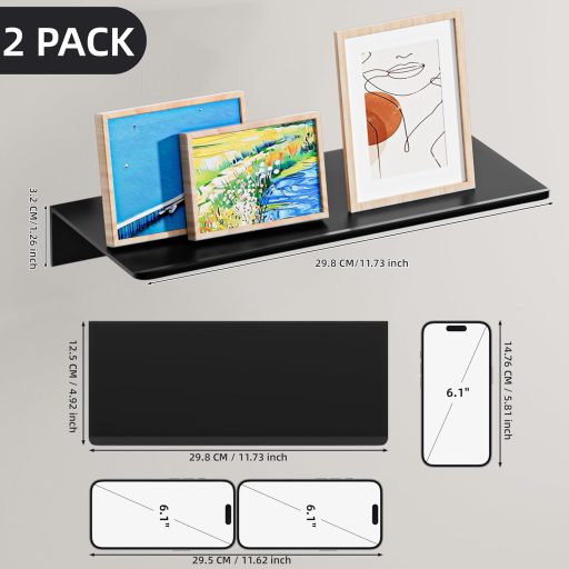 HNVNER Fali Polc 30 cm Fekete Fém 2 db Fürdőszoba Nappali Hálószoba