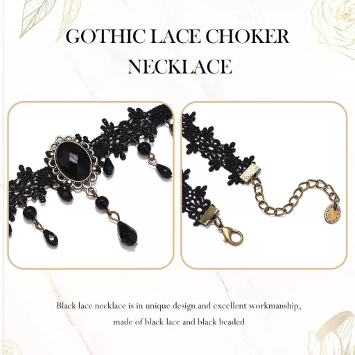 Handcess choker gotic din dantelă cu perle negre și strasuri