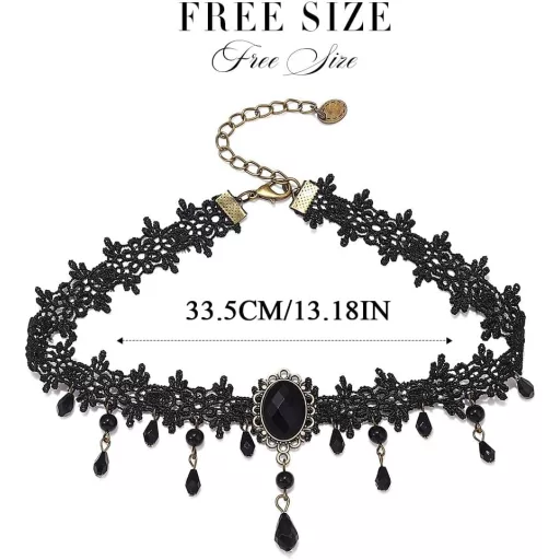 Handcess choker gotic din dantelă cu perle negre și strasuri