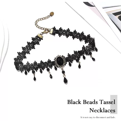 Handcess choker gotic din dantelă cu perle negre și strasuri