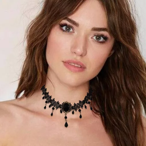 Handcess gótikus csipke choker nyaklánc fekete gyöngyökkel és strasszal