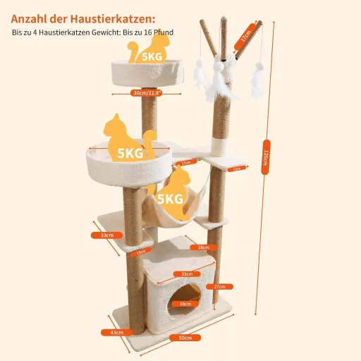 yuyuepetzone turn înalt pentru pisici de 126 cm, vilă pentru pisici cu stâlp de zgâriat, culcuș și jucării