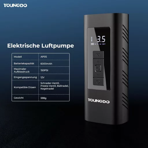 YOUNGDO 150 PSI elektromos kerékpáros pumpa 6000 mAh akkumulátorral