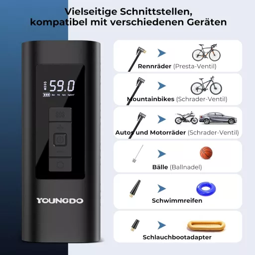 YOUNGDO 150 PSI elektromos kerékpáros pumpa 6000 mAh akkumulátorral