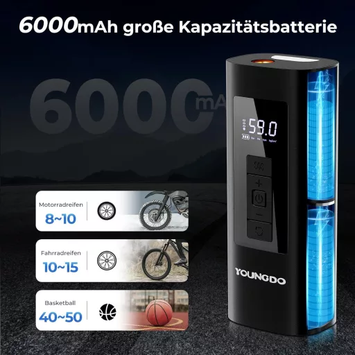 Elektrická pumpa na bicykel YOUNGDO 150 PSI so 6000 mAh batériou