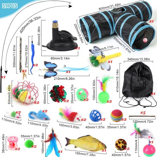 UGBO Interaktív Macska Játék Szett, Összecsukható Alagút, 39 Darabos Aktivitás Készlet Macskáknak és Nyulaknak, Kaparásálló