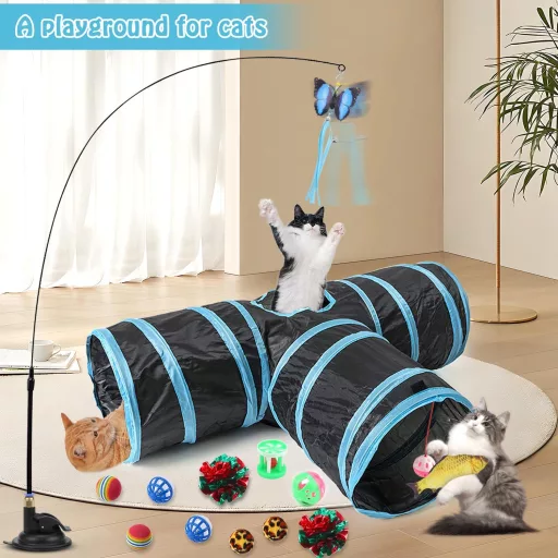 UGBO Interaktív Macska Játék Szett, Összecsukható Alagút, 39 Darabos Aktivitás Készlet Macskáknak és Nyulaknak, Kaparásálló