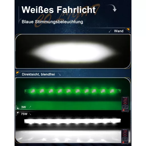 CO LIGHT LED Fényhíd 20" - Vékony Kiegészítő Fényszóró 12V Zöld Hangulatvilágítással, DT Kábelköteg, Terepjáró SUV ATV UTV Teherautó