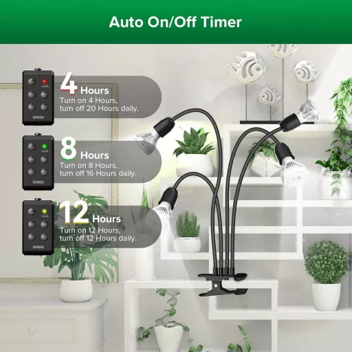 SANSI LED Lampă de Cultură pentru Plante de Interior, 600W Spectru Complet, Lampă cu Clip cu 4 Brațe Flexibile, cu Temporizator, Creștere cu PPFD Ridicat