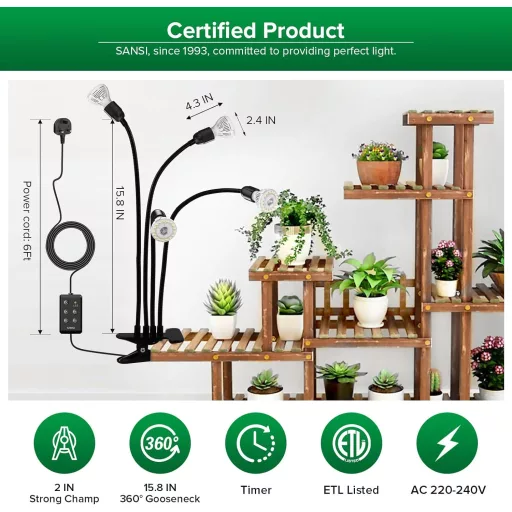 SANSI LED Lampă de Cultură pentru Plante de Interior, 600W Spectru Complet, Lampă cu Clip cu 4 Brațe Flexibile, cu Temporizator, Creștere cu PPFD Ridicat