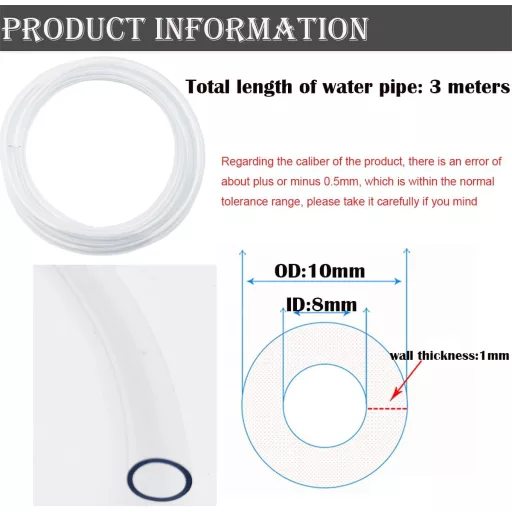 CESFONJER Átlátszó PVC Cső 3m - 8mm Belső / 10mm Külső Átmérő - Ipari Felhasználásra - Csővágóval - Rugalmas, Kopásálló Műanyag Tömlő