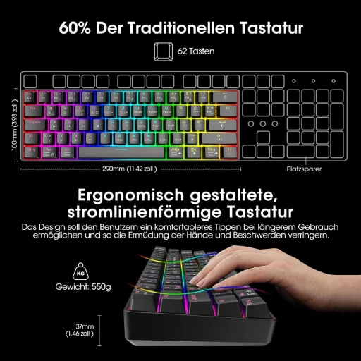 KOORUI 60% Mechanikus Gaming Billentyűzet RGB Háttérvilágítás Német QWERTZ Piros Switch