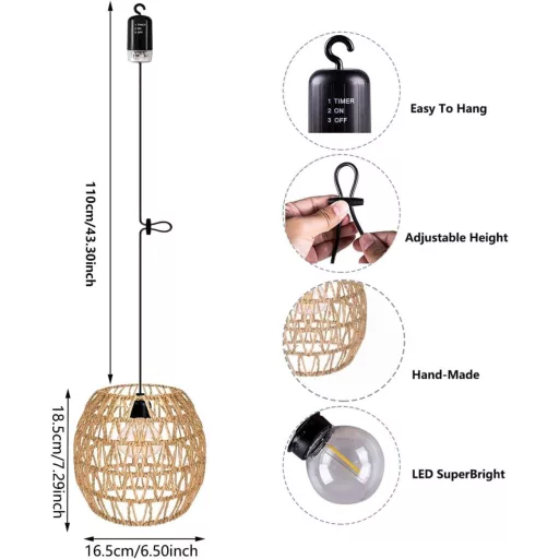 EcoGehen 3 ks ratanová závesná lampa, batériové napájanie, vonkajšia a vnútorná, prenosná lampa v boho štýle do záhrady