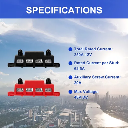 QIMEI-SHOP 250A Busbar 12V-48V DC Elosztóblokk 2db M10 Csatlakozóval