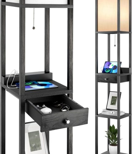 OUTON Čierna Stojacia Lampa s Poličkou a Zásuvkou - Drevená Lampa s Nastaviteľnou Intenzitou Svetla s 3 Teplotami Farieb, 2 USB Portami, Žiarovka E27 do Obývačky, Spálne