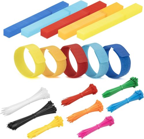 XINGO 50 Színes Újrahasználható Kábelkötegelő + 800 Nylon Kábelrögzítő, Állítható Tépőzáras Kábelrendező TV, Számítógép és Íróasztal Kábelei