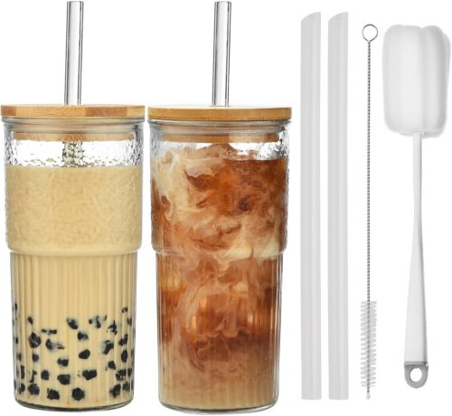 Set 2 pahare Bubble Tea Vitever, 600ml, cu capac și model cu dungi